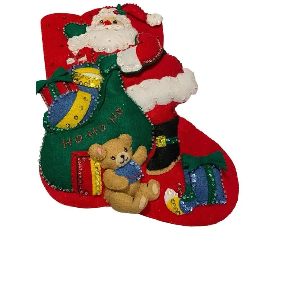 Finished Bucilla Christmas Stocking Handmade Santa Felt Sequin Applique‎ 84856